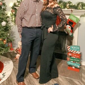 Premier Black Lace Long-Sleeve Evening Gown with Waist Tie